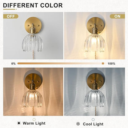 Plug in Wall Sconces Set of 2, Vintage Wall Sconce with Tulip Transparent Glass Lampshade, 180° Adjustable Wall Sconce with Switch and Plug in Wall Lamp Cord, Gold Wall Light Wall Decor Set of 2