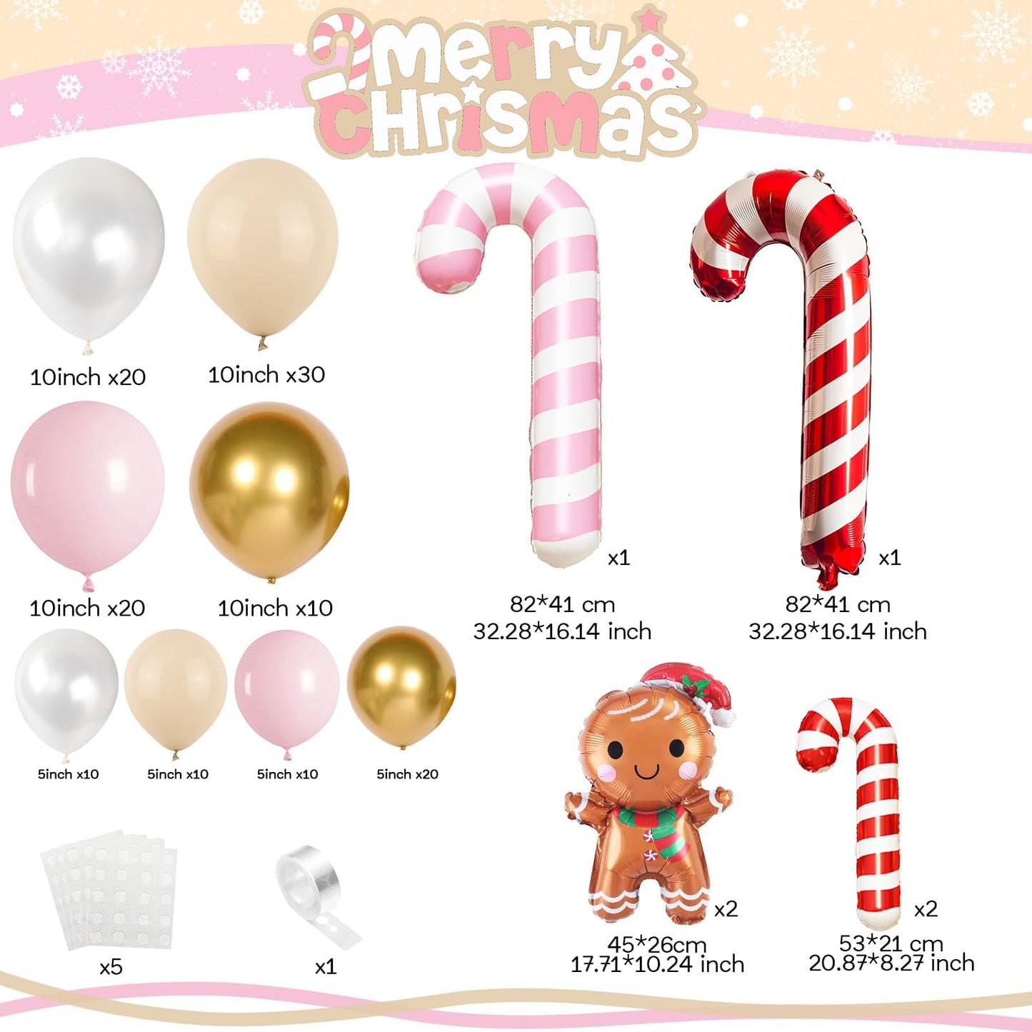 138PCS Pastel Pink Beige Christmas Balloon Arch Kit, Dusty Baby Pink Pearl Ivory White Cream Metallic Gold Balloon Arch Set with Candy Cane Gingerbread Foil Balloos for New Year Xmas Party Decorations
