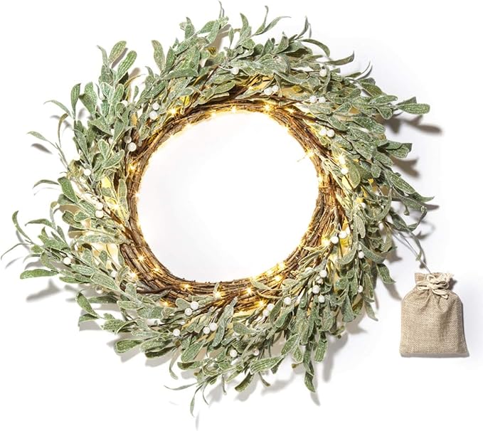 LampLust Winter Wreaths for Front Door Outside, 20 Inch Flocked Wreath with Mistletoe & Pearly White Berries, 75 LED Lights, Battery Powered, Timer, Farmhouse Wreath, Winter Wreaths for Indoors
