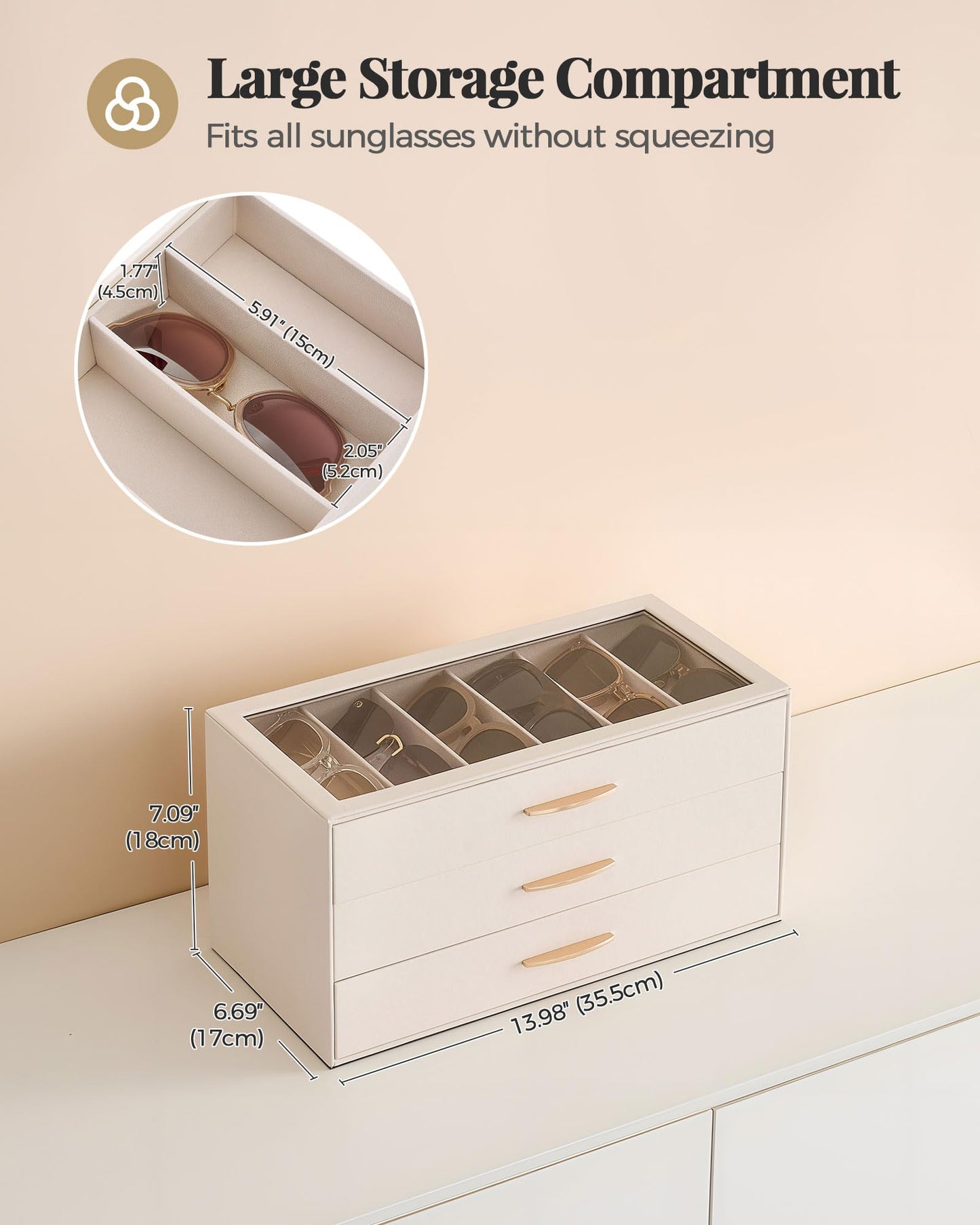 Lolalet 18 Slots Sunglasses Organizer Case for Women, 3-Layer Eyeglass Storage Holder Display Box with Clear Top Lid, Mothers Day Gifts -Cream