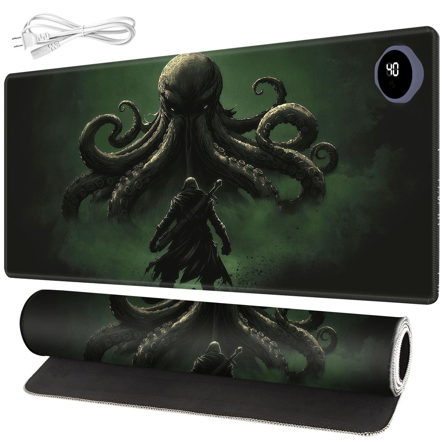 FKIUBWRY Heated Desk Pad Heated Mouse Pad - 31.5x13 Inch,3-Level Temp (104℉-122℉) 3-Hour Auto Shut-Off,Leather Waterproof Heated Desk Mat Hand Warmer for Home Office Gaming,Octopus Warrior Green