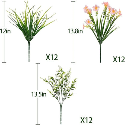 36pcs Faux Plants Outdoor, Uv Resistant Artificial Plants Outdoor Fake Flowers Plants Plastic Greenery Shrubs for Outside Window Box Garden Patio Porch Home Decor (Mixed Pink)