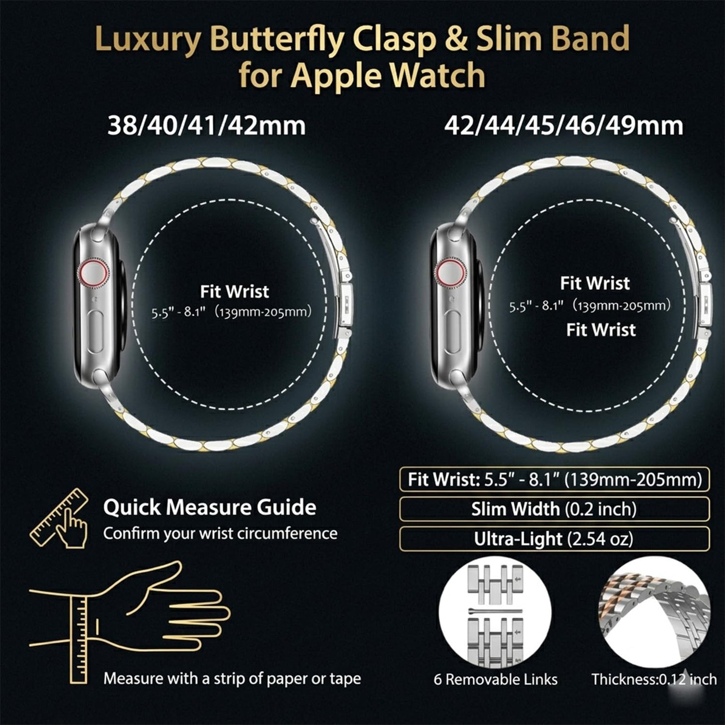 PUGO TOP Luxury Stainless Steel Band Compatible with Apple Watch Ultra 3/2/1 (49mm) & Series 11 10 9 8-1 SE 3/2/1 (46/45/44/42/41/40/38mm), Professional Business Dressy Metal Strap with Butterfly Clasp for Men Women, Adjustable Link Two-Tone Bracelet with