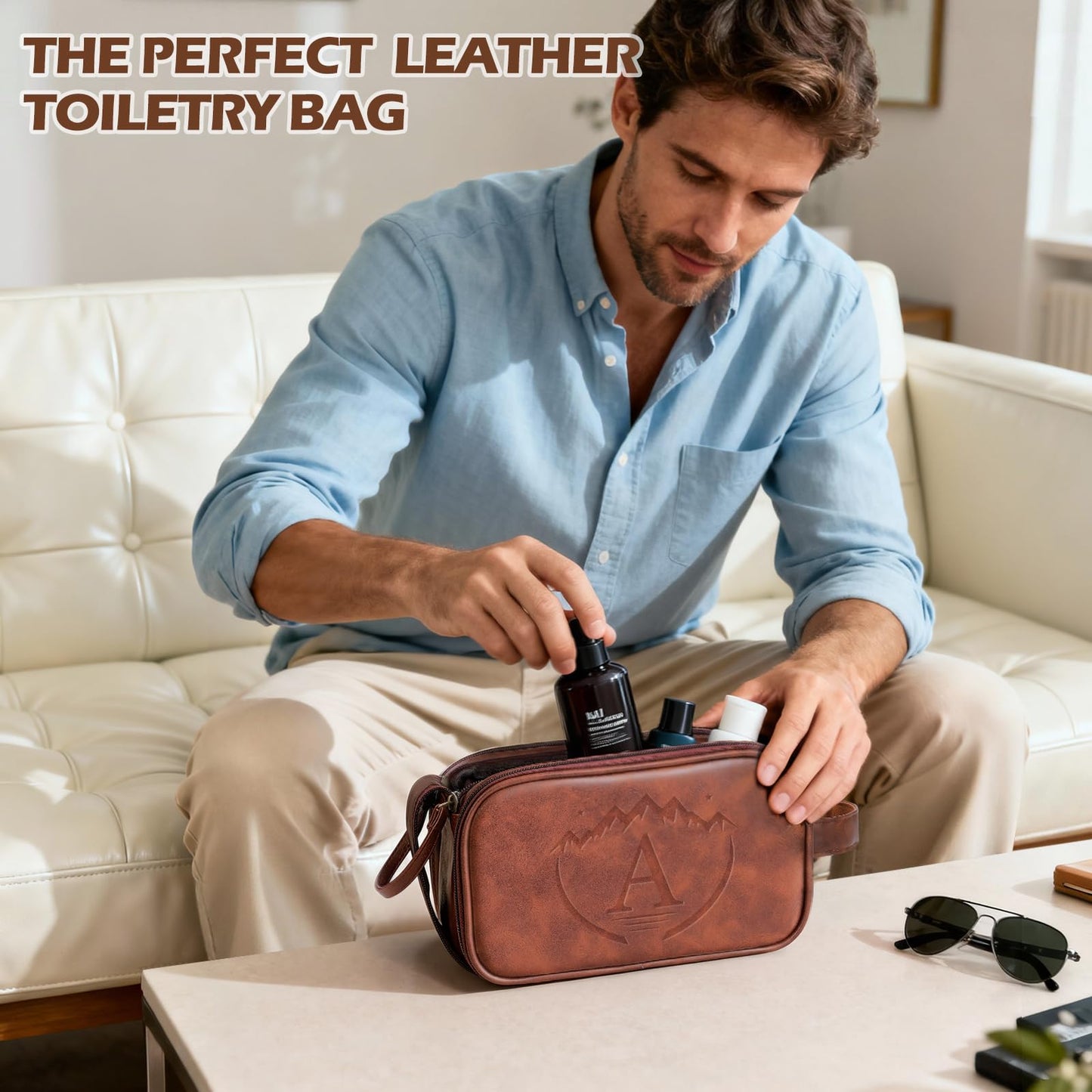 Ecttunafe Personalized Fathers Day Presents Travel Toiletry Bag for Men, Engraved Initial PU Leather Waterproof Shaving Bag, Best Dad Birthday Gift Ideas for Dad Father New Dad Papa Elderly,A