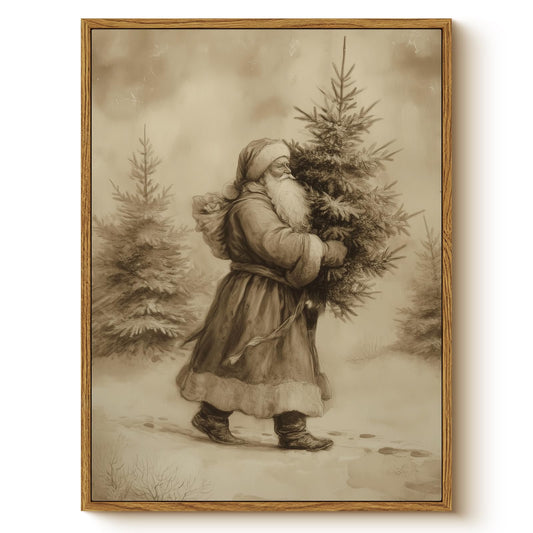 WHASAYART Vintage Santa Claus Carrying Christmas Tree Wall Art, Retro 12x16 Framed Canvas Print, Rustic Sepia Tone Santa with Pine Tree Artwork, Classic Winter Holiday Entryway Bedroom Home Décor