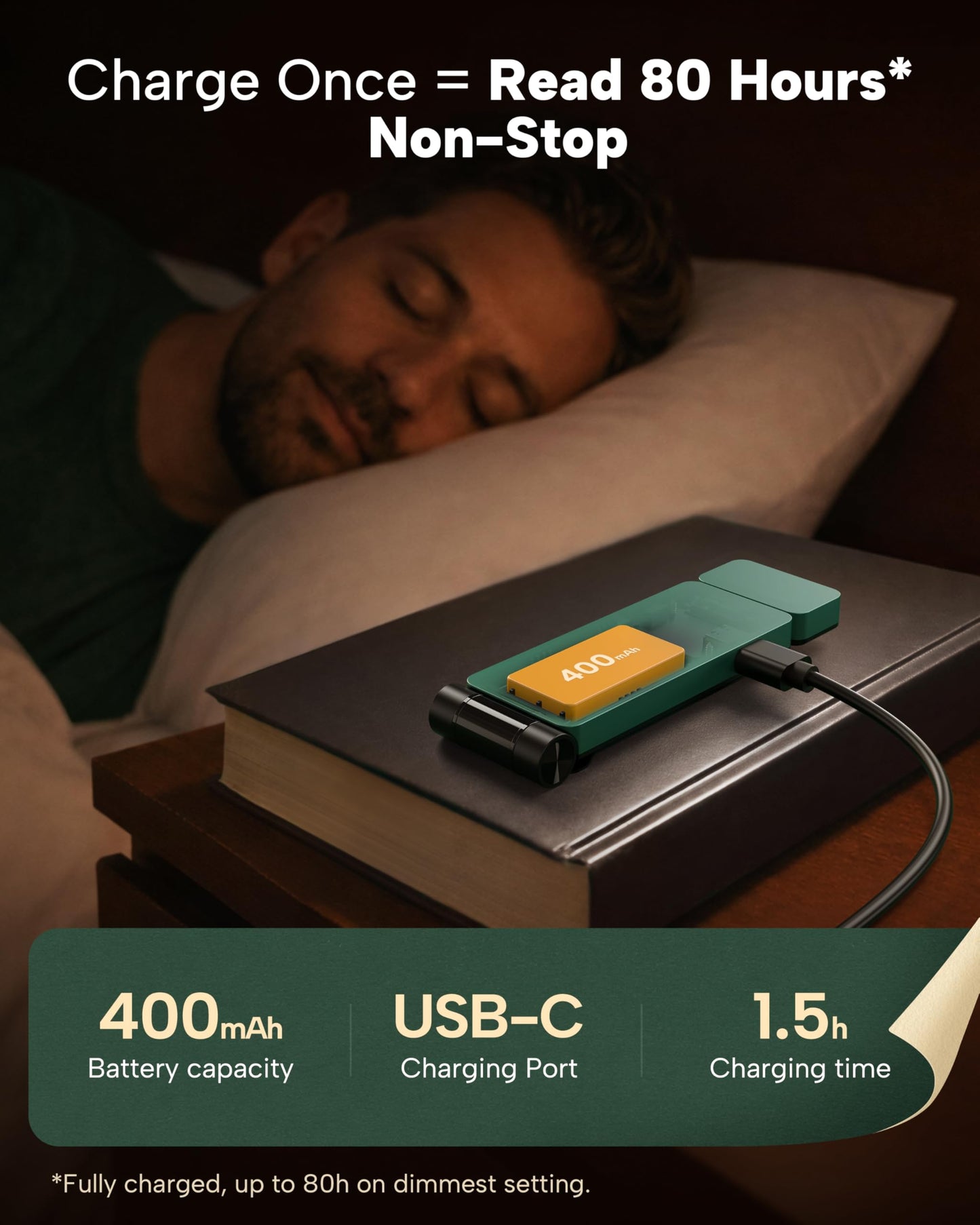 86lux Book Light, Rechargeable Clip-On LED Reading Light for Bed & Night Use - 3 Color Temperatures with Stepless Dimming, Ultralight Bookmark Design for Kids, Book Lovers, Green