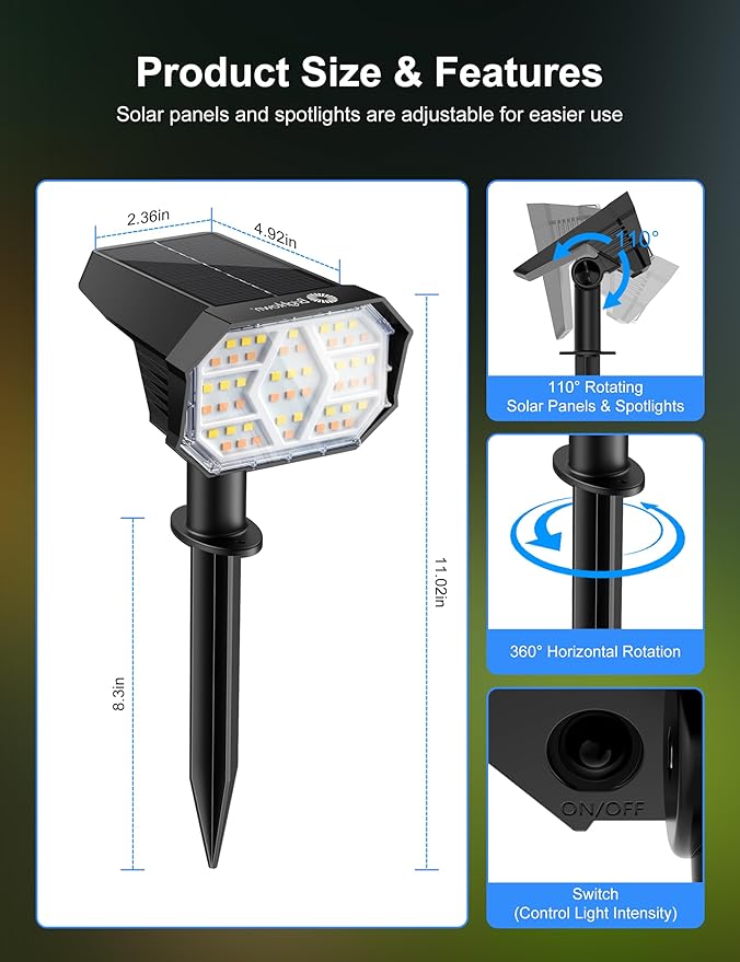 Brightown 6Pack Solar Spot Lights Outdoor [Cool & Warm Light 2-in-1], IP67 Solar Lights Outdoor Waterproof with 1800mAh, Two Mounting Methods Outdoor Solar Lights for Yard, Garden and Pathway