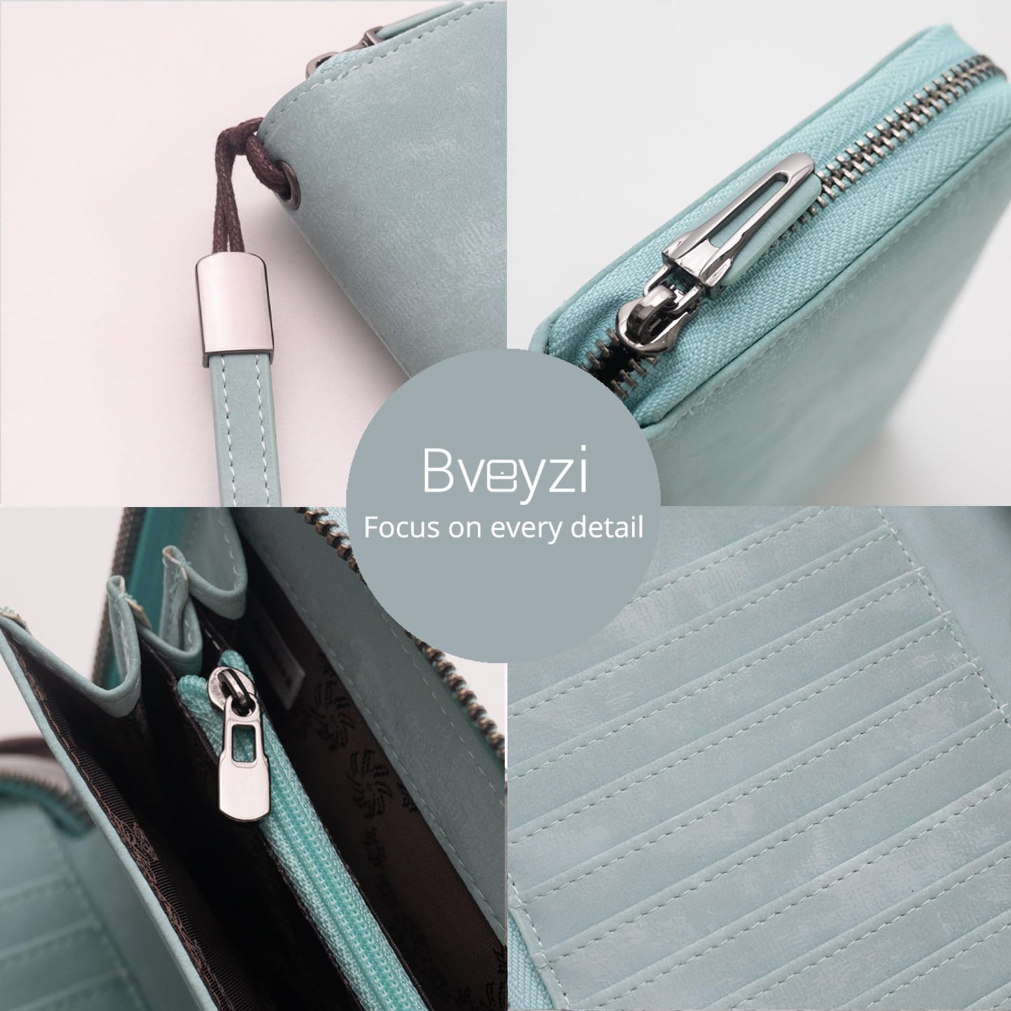 Bveyzi Women RFID Blocking Wallet Leather Zip Around Phone Clutch Large Capacity Ladies Travel Purse Wristlet (Purist Blue)
