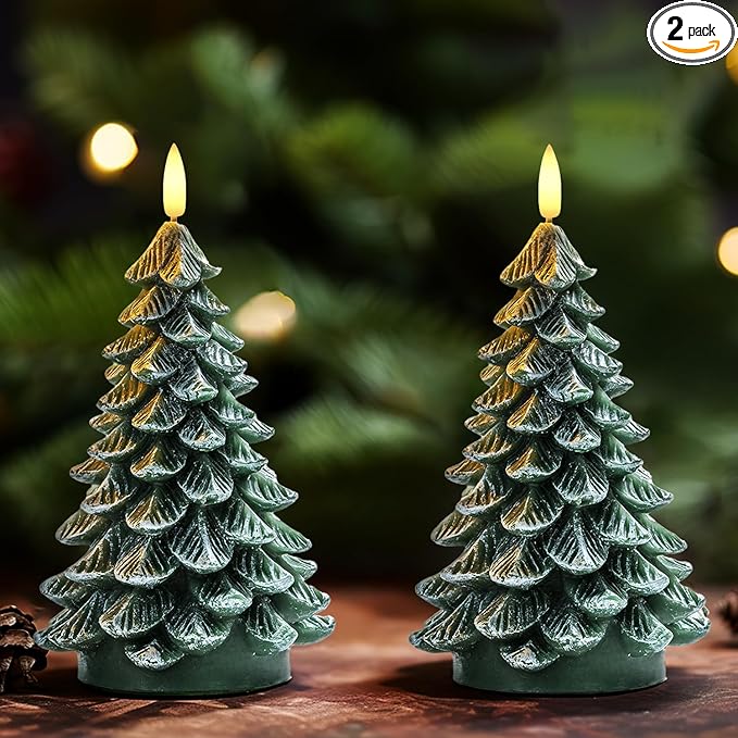 Homemory Christmas Tree Candles with 6 Hours Timer, 2 Pcs Waxy LED Flameless Candles Flickering, Green Electric Candles Battery Operated for New Year Celebration Holiday Decorations 8.5 Inches