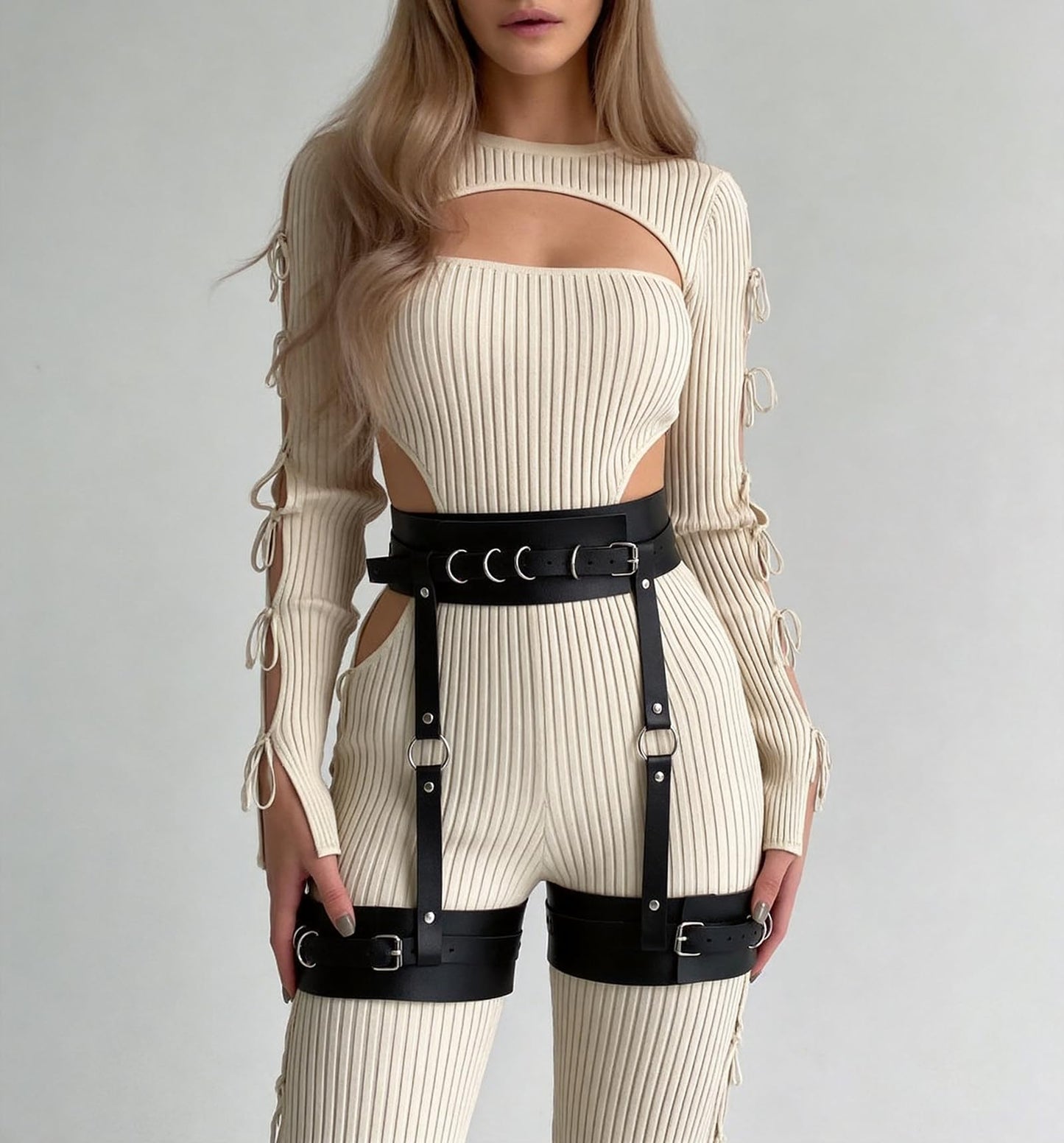 WARANDOD Women Adjustable Thigh Belt with Waist Strap, Faux Leather Alloy Leg Harness Belt for Festival Street Style Outfits(Waist 24.6-37.6in)