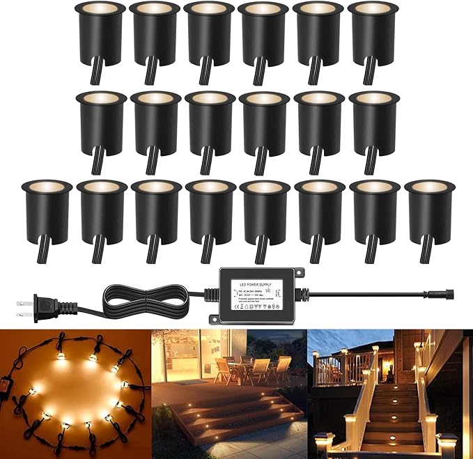 LED Recessed Deck Light Kits with Protecting Shell,LED Outdoor Landscape Lighting IP67 Waterproof,DC 12V Low Voltage Warm White for Garden,Yard,Stair,Patio,Kitchen Decoration In Ground(20 Pack)