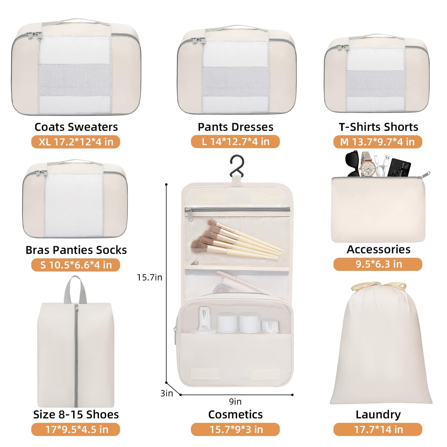 BAGAIL 8 Set Packing Cubes Various Sizes Packing Organizer for Travel Accessories Luggage Carry On Suitcase-Beige