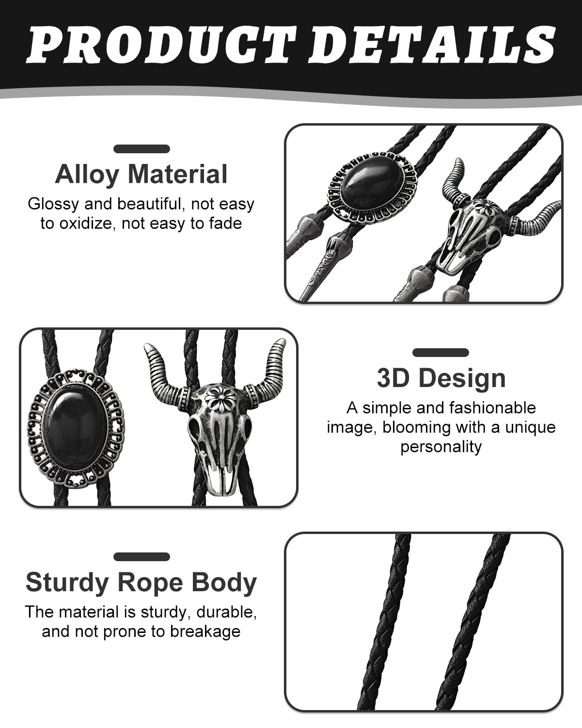 KRLBZER 2 Pcs Bolo Tie for Men, Black and Silver Western Necktie, Adjustable Leather Rope Necklace with Metal Pendant, Cowboy Costume Accessories for Women Men