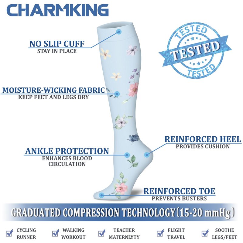 CHARMKING Compression Socks for Women & Men (8 Pairs) 15-20 mmHg Graduated Copper Support Calf Socks are Best for Pregnant, Nurses - Boost Performance, Circulation, Knee High Wide Calf(L/XL, Multi 63)