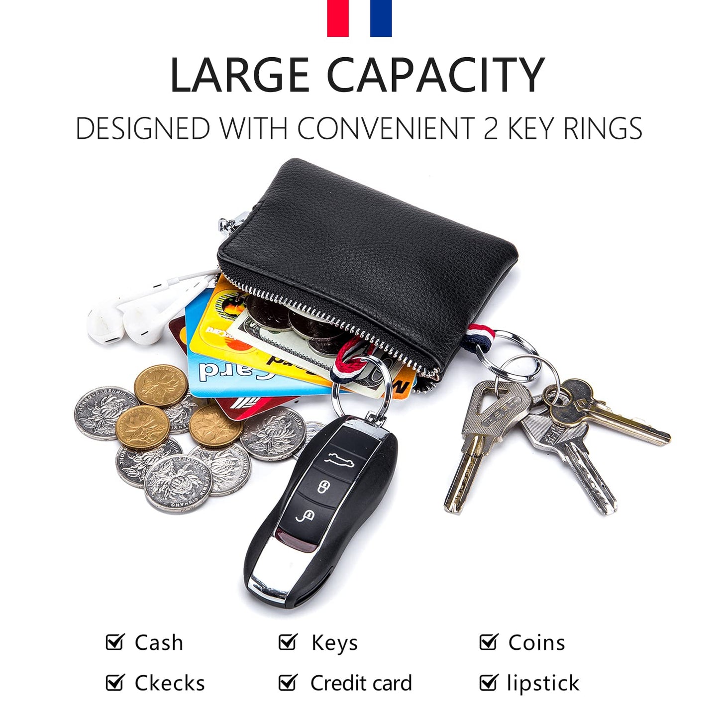 Plinvo Mini Genuine Leather Wallet Coin Purse with Dual Keyrings Compact Change Pouch and Card Holder for Men and Women (Dark green)
