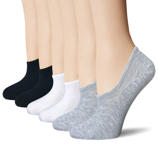 BERING No Show Socks Womens Non Slip for Flats Slip On Sneakers Footies Low Cut Ankle Short, Black/White/Grey, Size 6-9, 6 Pairs
