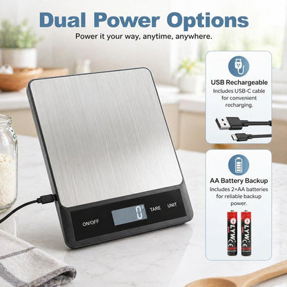 33LB/15KG Digital Kitchen & Food Scale – Waterproof Stainless Steel, USB Rechargeable, 1g Precision, Tare Function for Cooking, Baking, Meal Prep