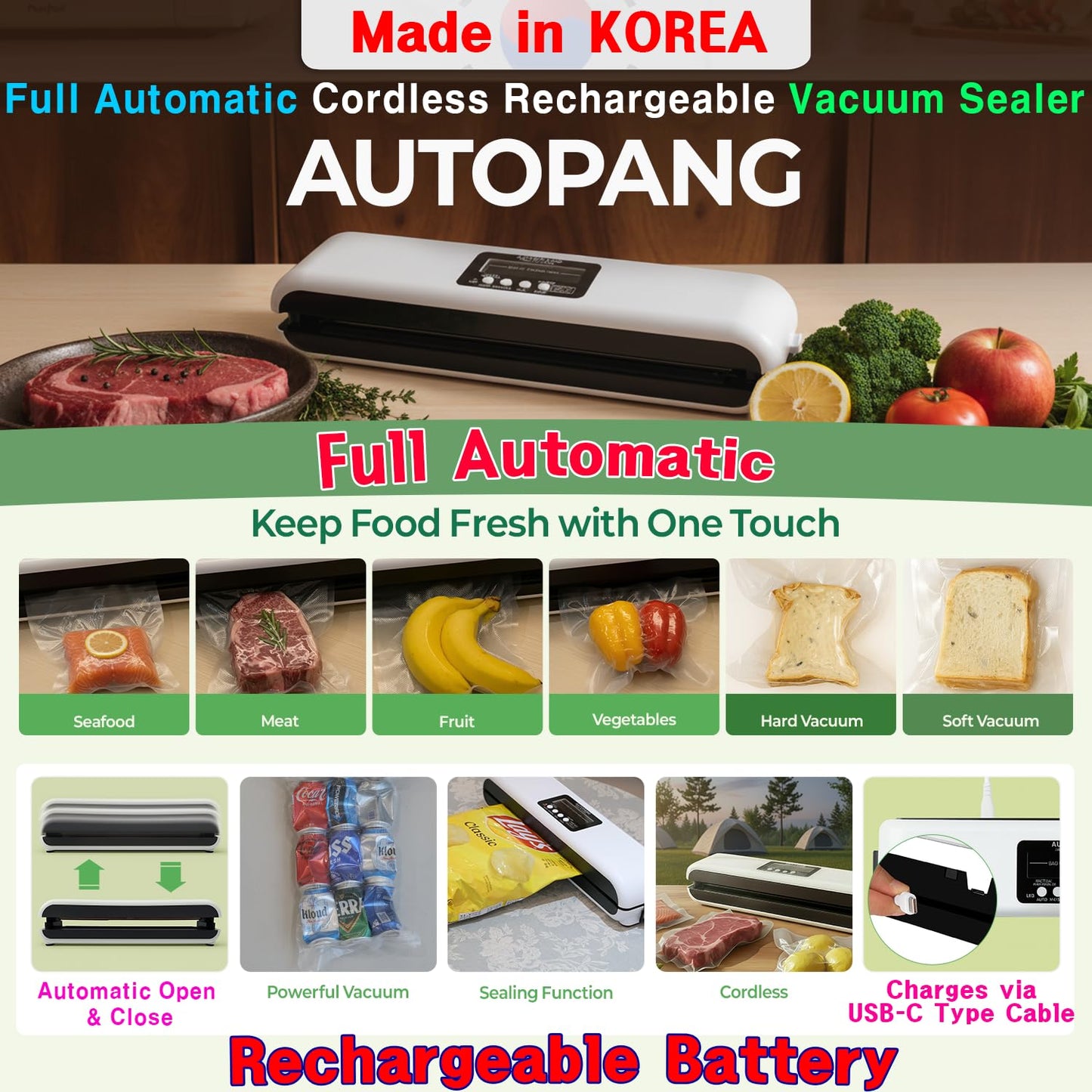 AUTOPANG Automatic Vacuum Sealer Machine, Cordless Food Preserver with 85Kpa Suction & Pulse Mode, Durable Silicone Chamber, Includes 20 Exclusive Sealer Bags