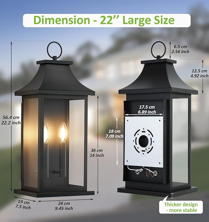 tewei 2-Pack Large Outdoor Wall Lights, 22'' Porch Light Outdoor Wall Sconce Lantern, Black Exterior Lighting Fixture Wall Mount, Outside Light for House Garage