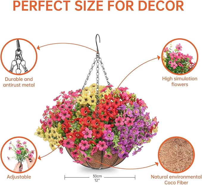 Artificial Hanging Faux Flowers Basket, Fake Silk Daisy Eucalyptus Plants Arrangement,for Spring Summer Outdoor Decoration,UV Resistant, Coconut Planter,Look Real for Home Garden Decor (Multi Color)