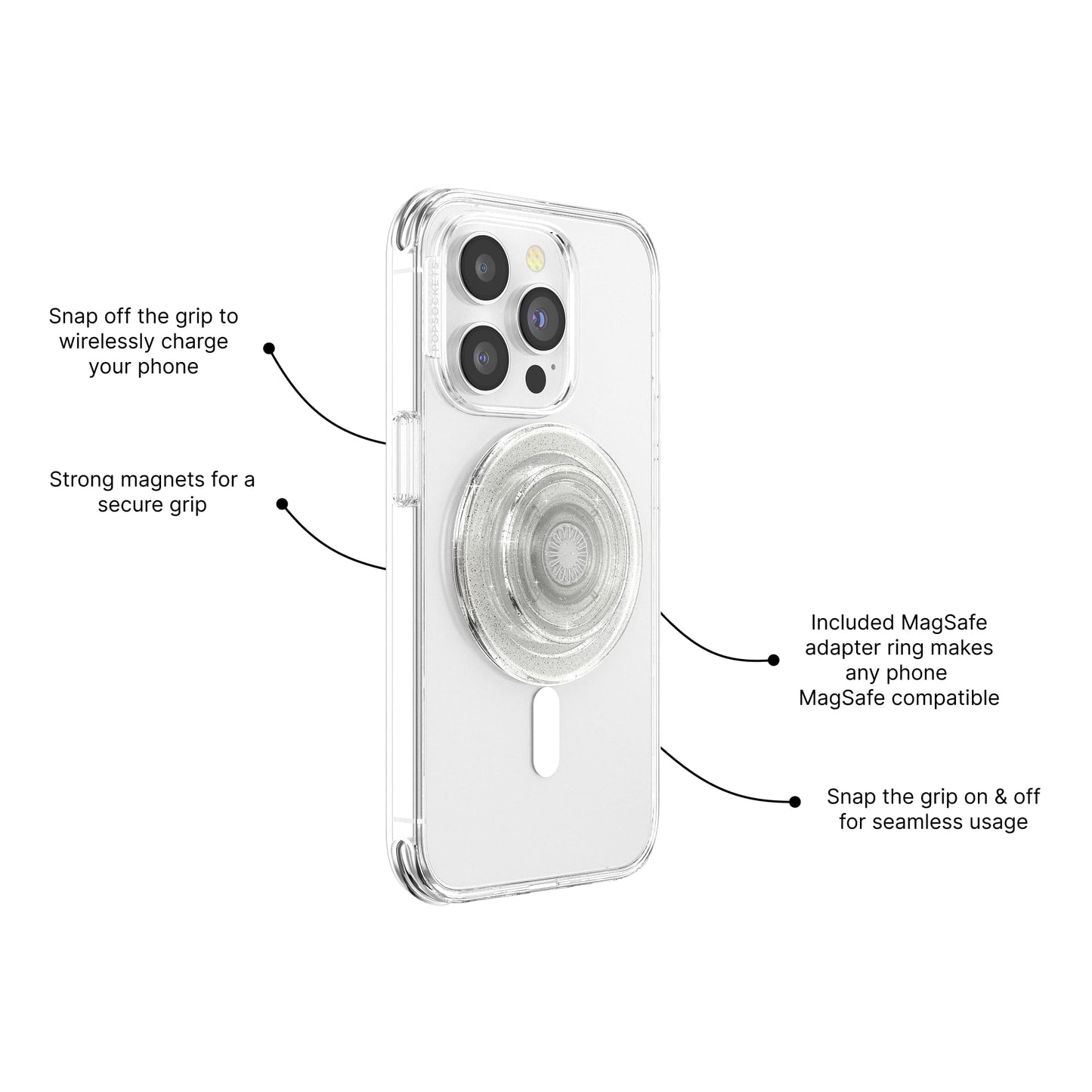 PopSockets Phone Grip for MagSafe with Kickstand, Magnetic Stand, Swappable Top, Secure Hold for iPhone MagSafe Cases, Phone & Tablet Grip - Clear