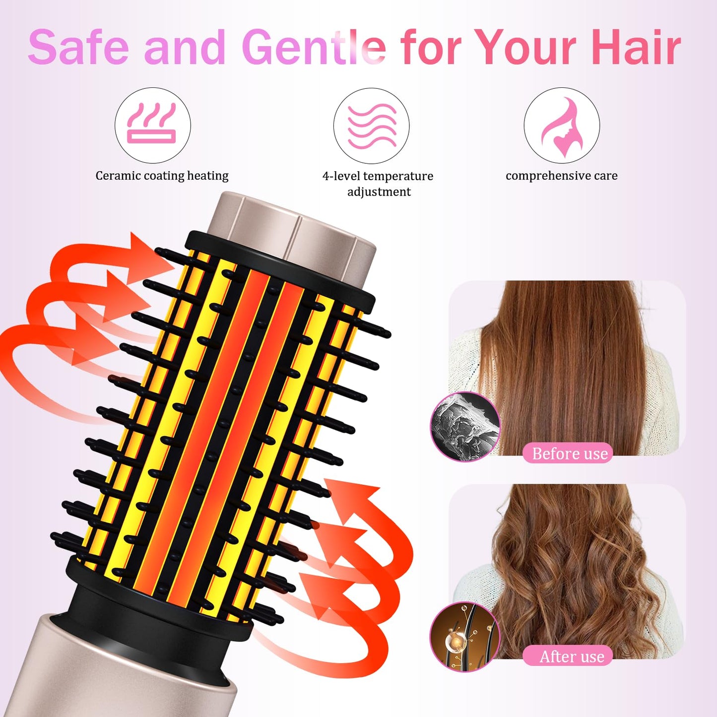Cordless Hair Curling Iron Brush, Travel Curl Brush, 3-in-1 Portable Curling Iron Cordless, Plasma Thermal Hair Brush, 7000mAh USB Rechargeable Curlings Wand, Mini Hot Curlings Brush-Blush Pink