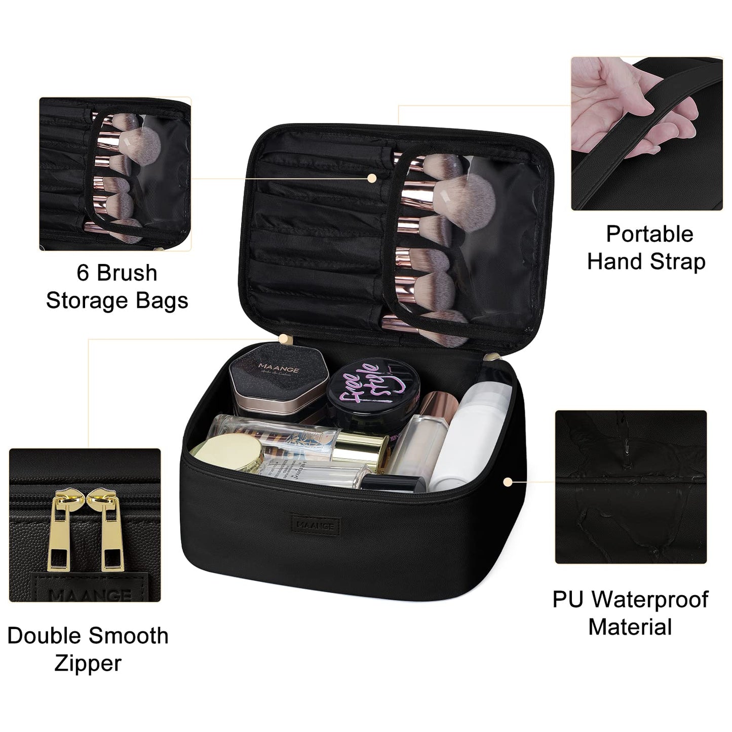 MAANGE Makeup Bag - Large Cosmetic Bag with 2pcs Small Makeup Bags Portable Leather Travel Makeup Bag Set Toiletry Bag Make Up Bags for Women and Girls (Black)