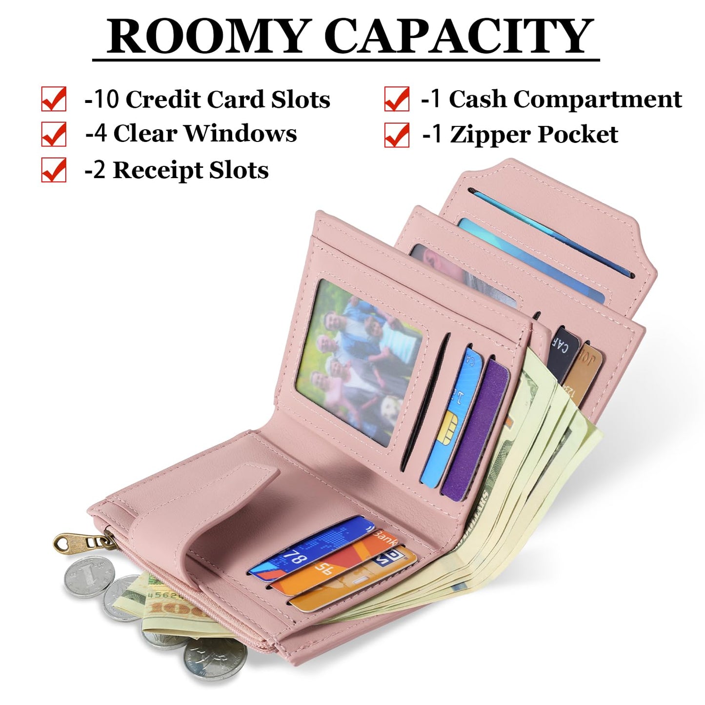 Airkit Small Wallet Women RFID Blocking Soft Leather Bifold Compact Card Holder Wallet for Women with Zipper Coin Pocket 4 ID Window