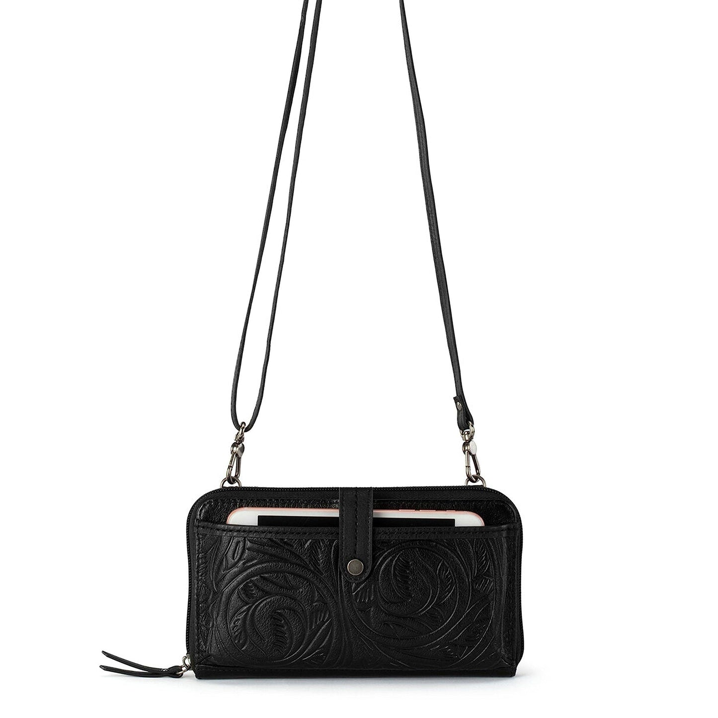 The Sak Iris Large Smartphone Crossbody Bag in Leather, Convertible Wristlet Purse Design, Black Leaf Embossed