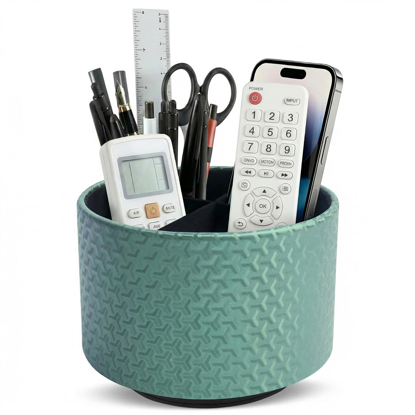 QIELIZI Round Leather Art Supply Organizer,Remote Control Holder,360 Degree Rotating,Multi-Functional Pencil Holder,4 Compartments Desktop Stationary Organizer(1-Triangle Green)
