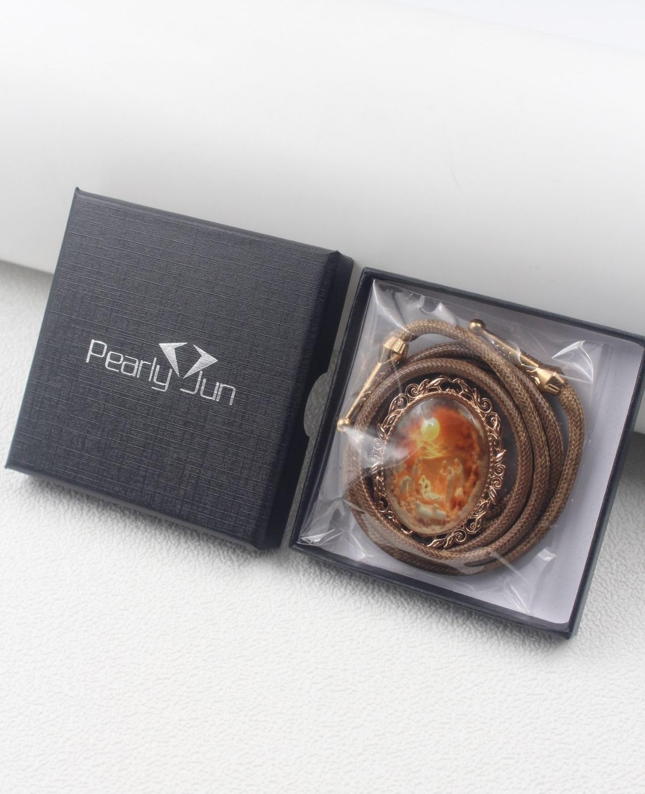 PEARLY JUN Bolo Tie for Women Men Flower Rose Western Cowboy Brown Leather Country Style String Vest Gifts (Gold - Saintly Baptism)