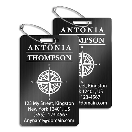 Personalized Metal Luggage Tags (2 Pack), Customizable Icon Text, Laser Engraved Waterproof Durable, for Bags, Backpack Travel, Suitcases (Black)