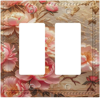 Pink Blooming Flowers Peonies Floral Dual Outlet Covers Wall Plate 2 Gang Rocker Decora Decorative Switch plate Electrical Faceplate GFCI Light Switch Covers for Farmhouse Living Decor