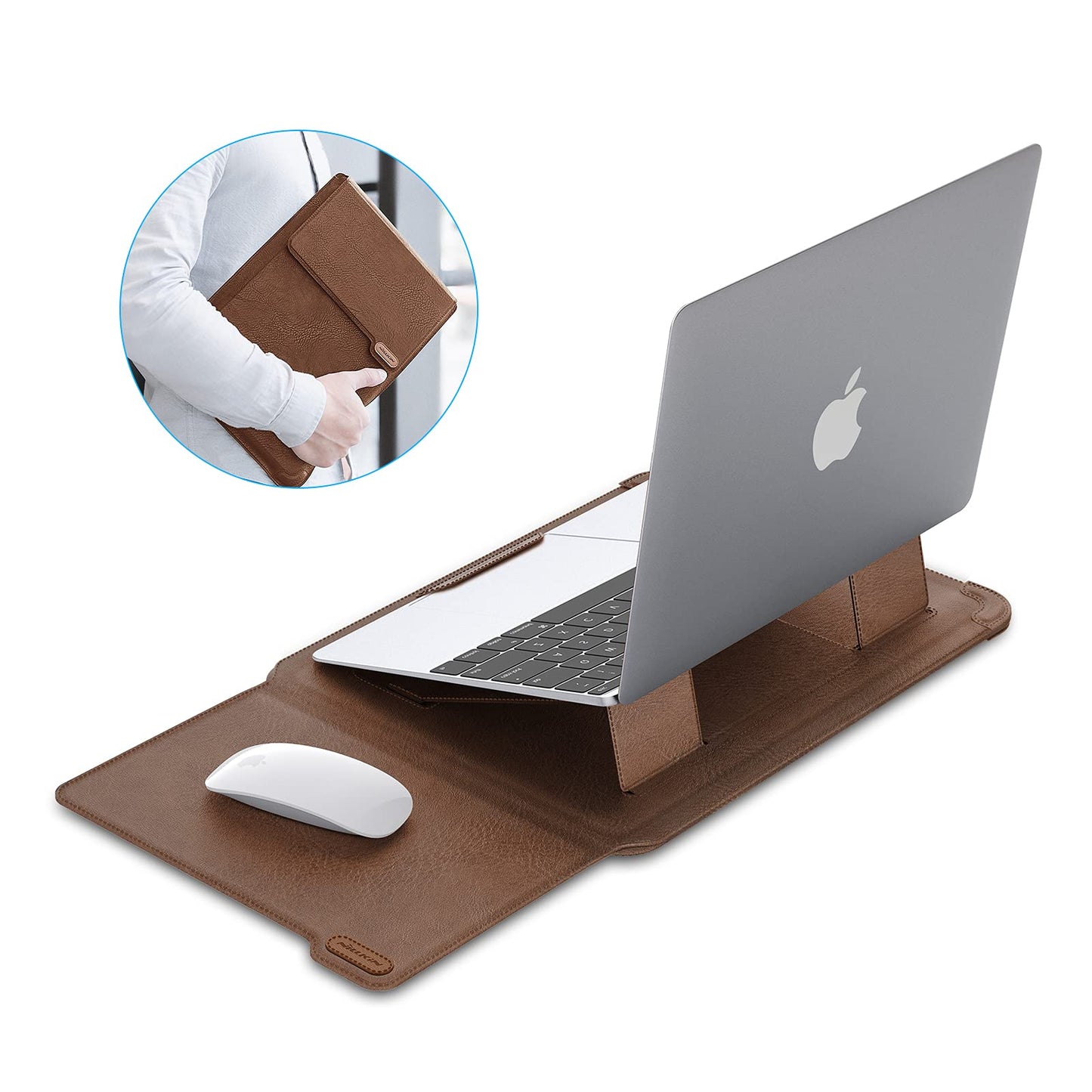 Nillkin Laptop Sleeve 15.6 inch, MacBook Sleeve with Adjustable Stand & Mouse Pad, 2 Stand Modes, 15 inch Laptop Case, Slim MacBook Accessories for Samsung/Surface/Chromebook/HP 13-15.6 inch, Brown