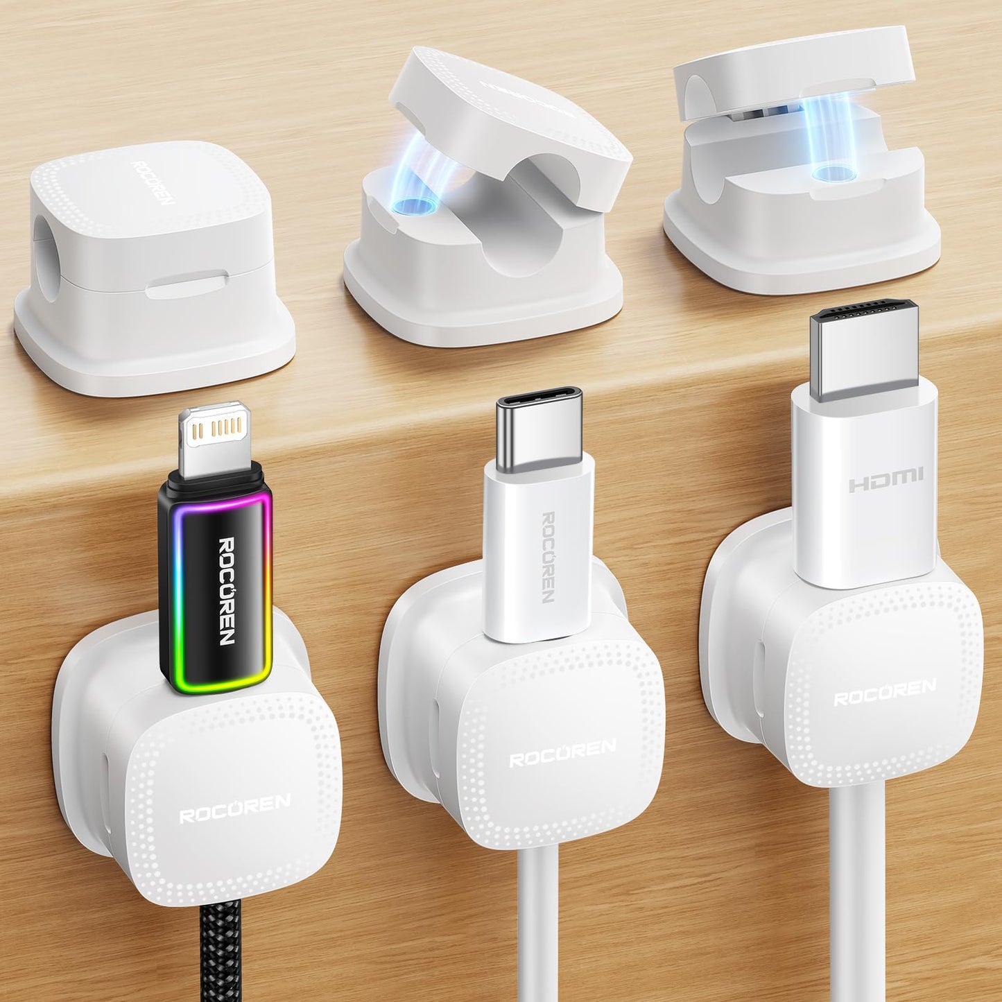6-Pack Magnetic Cable Clips Cord Organizer-Cable Smooth Adjustable, Rocoren Desk Cable Management Accessories,Cable Holder Clips Wire Holder Keeper for Desktop,Nightstand,Wall,Home Office,Phone,Car