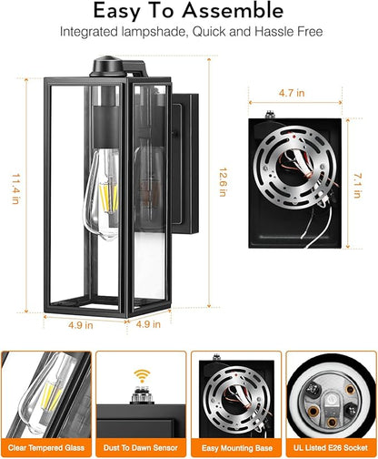 VIANIS Dusk to Dawn Outdoor Wall Lanterns,Black Exterior Light Fixture Wall Mount for House Front Porch,Anti-Rust Aluminium Modern Outdoor Coach Lantern with Tempered Glass Shade for Garage