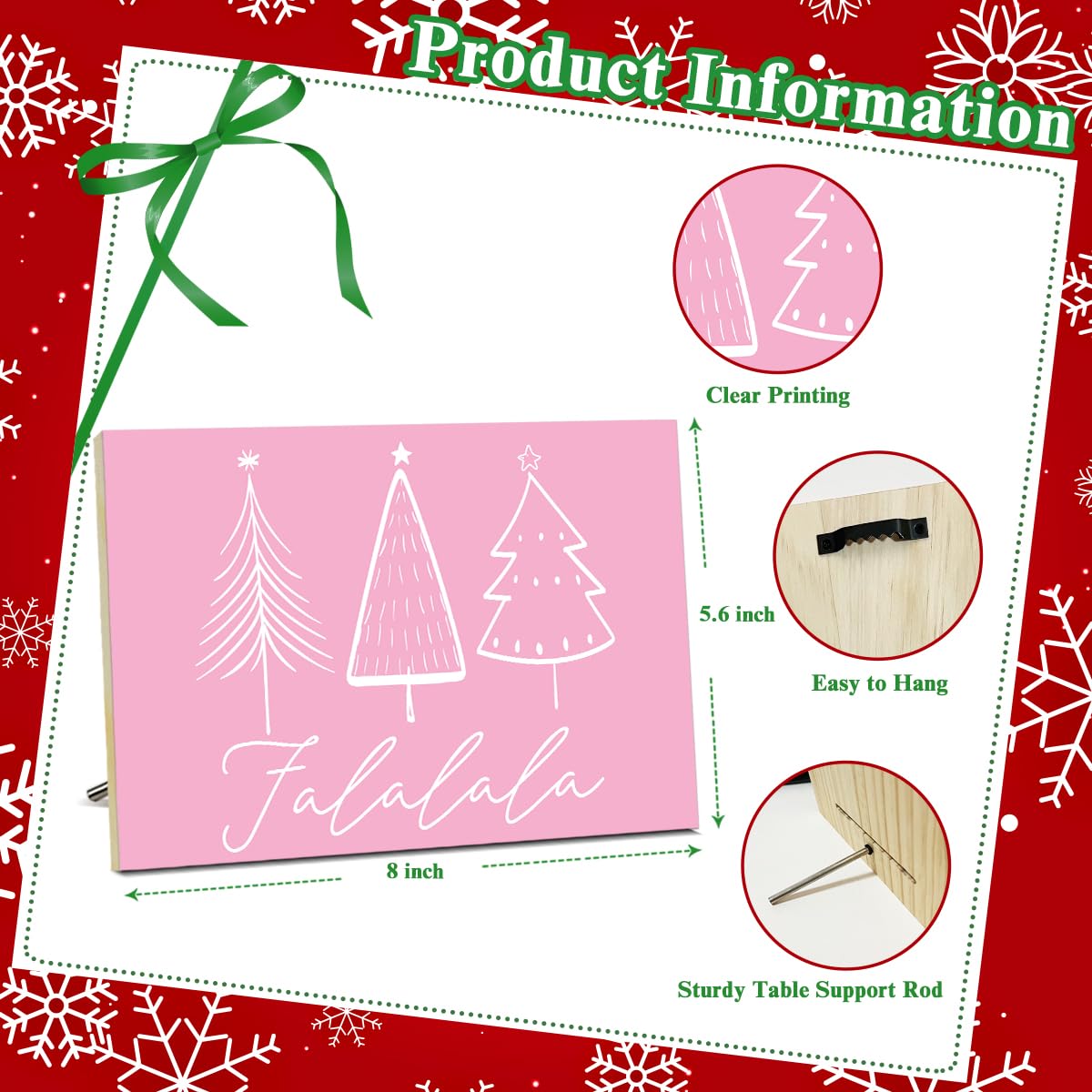 Falalala Merry Christmas Signs for Festival Wall Decoration Christmas Tree Wood Xmas Tabletop Decor for Table Desk Mantle Shelf Pink Wall Art for Xmas Party Kitchen Decor - JK0387