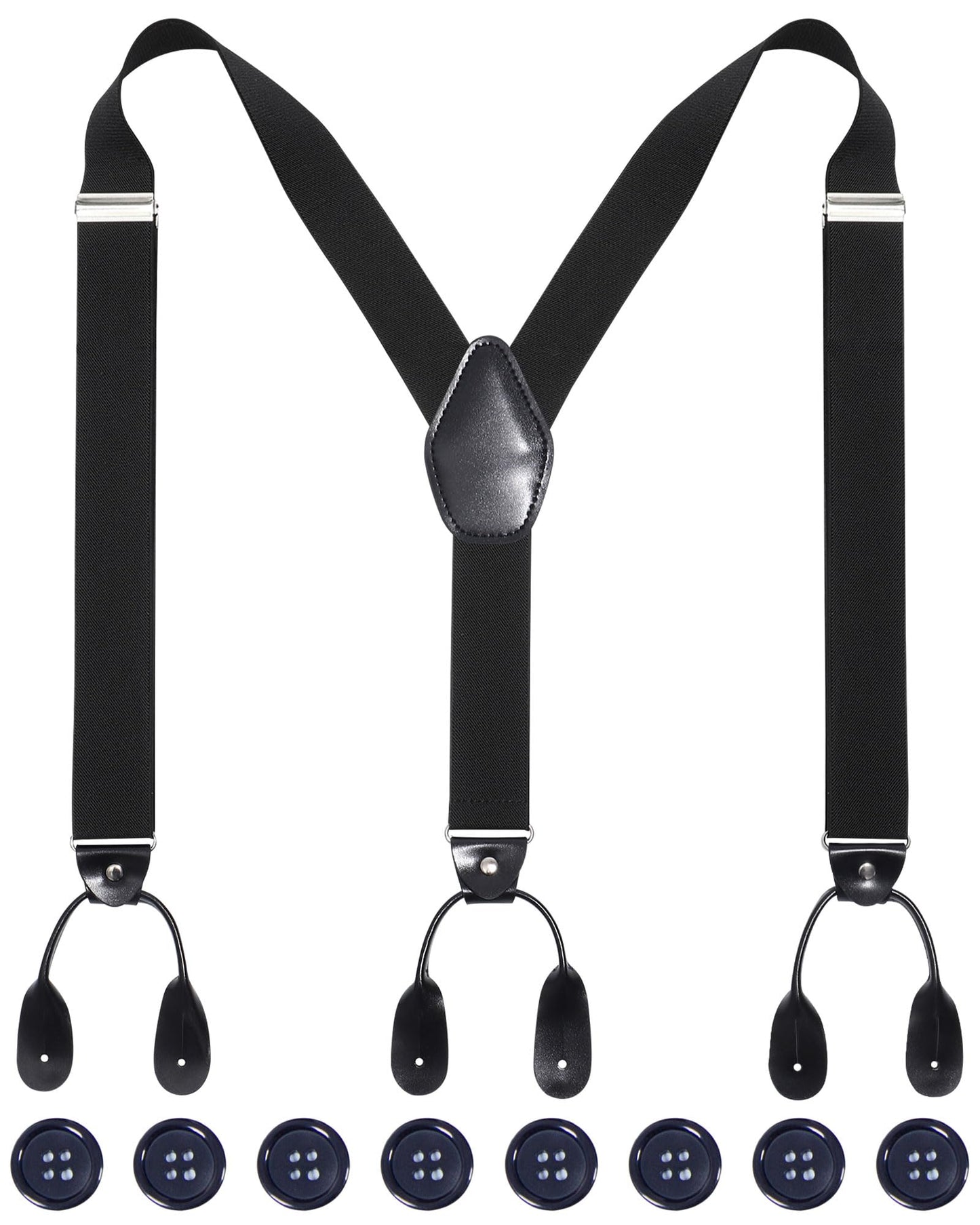 Kajeer Mens Adjustable Button End Suspenders - Y-Back Elastic Tuxedo Suspenders with Heavy Duty Leather Buttons End (Black)