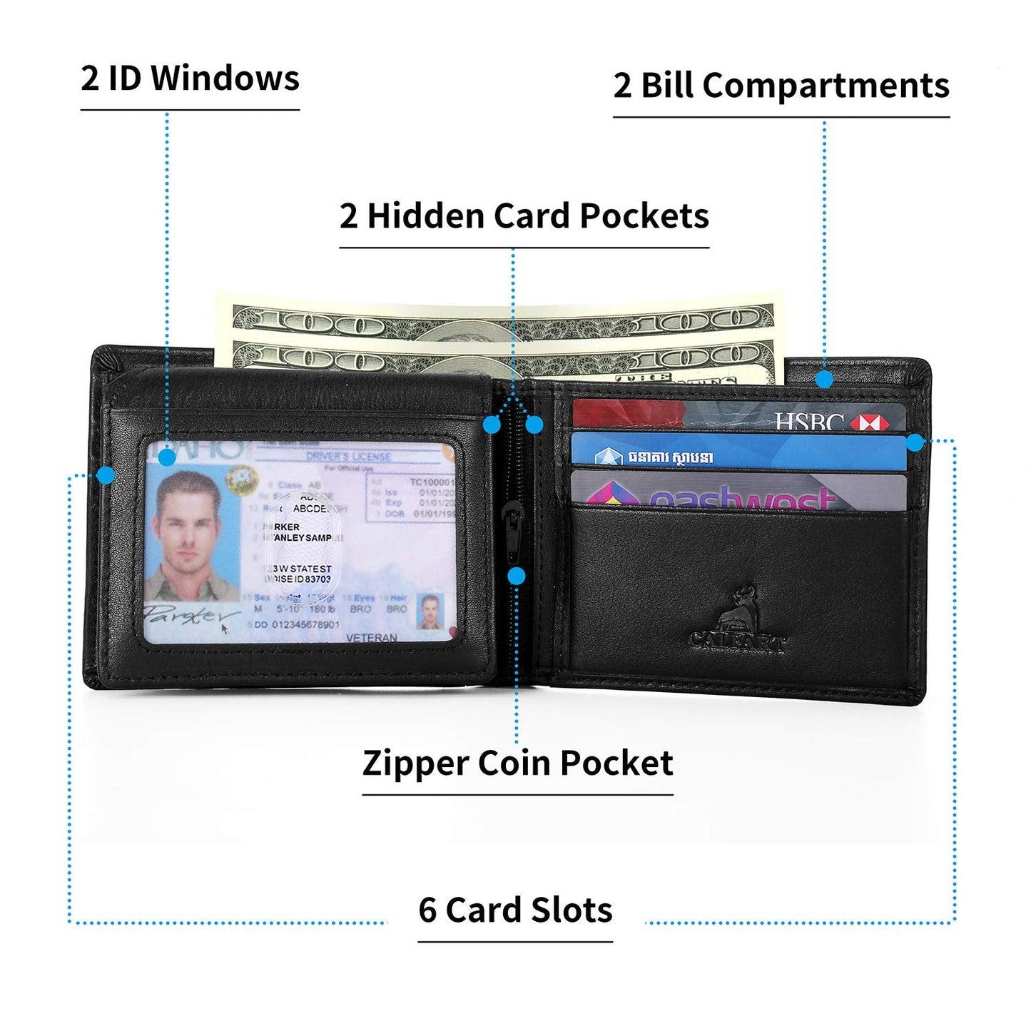 CALFART Slim RFID Blocking Leather Wallet for Men, Front Pocket Bifold Wallet with Zipper Coin Pocket and 2 ID Windows, Credit Card Holder