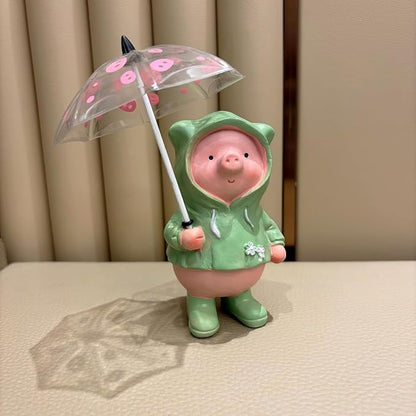 Pig Statue with Umbrella Garden Decor Hand Painted Resin Home Decor Cute Rain Coat Animal Decoration Sculpture Figurine Gift for Women Kid