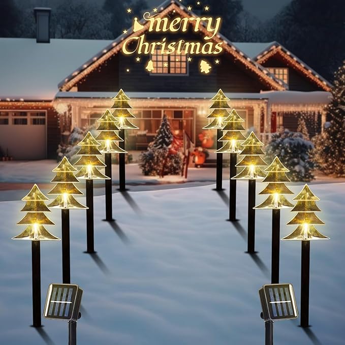 Christmas Solar Pathway Lights, Solar Tree Lights with Stake Landscape Lights Outdoor Waterproof Christmas Decorative Lights for Garden Yard Lawn Patio Walkway, 10 Pack