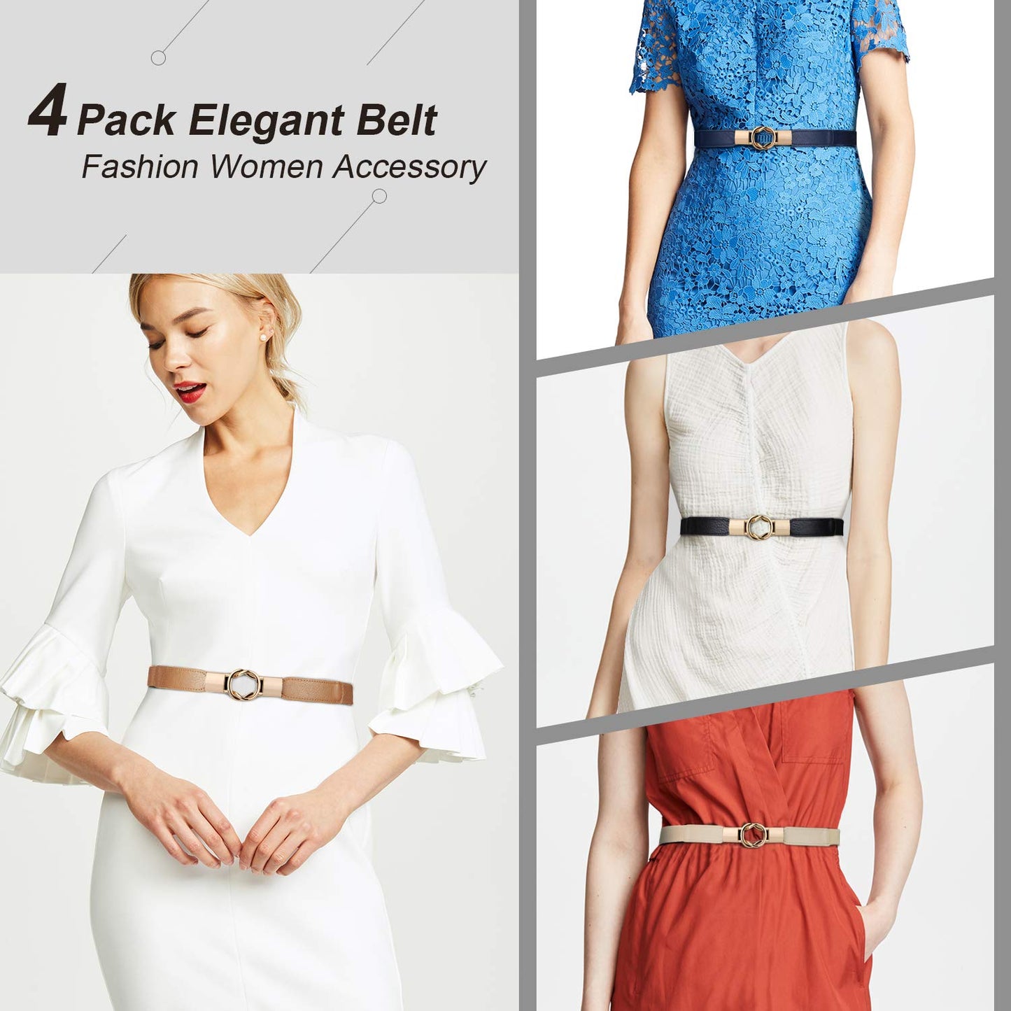 WERFORU Women Skinny Belt for Dresses Retro Stretch Waist Belt with Gold Buckle Set of 4,Black+Brown+Blue+Beige
