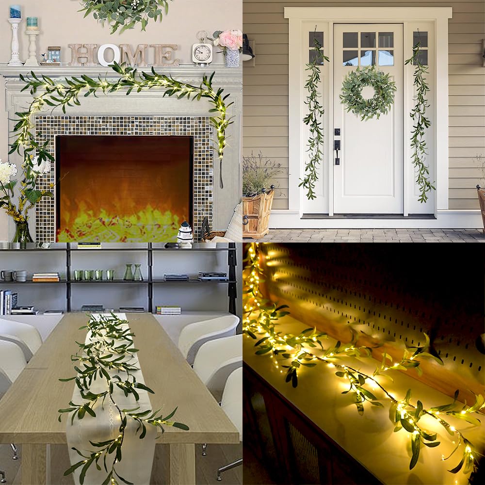 6.56FT Lighted Olive Garland with Lights 96 LED 8 Modes Battery Operated with Timer Artificial Greenery Vine Garland with Lights for Mantel Fireplace Table Wall Patio Wedding Holiday Spring Decoration