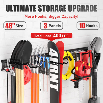 ZICANYCO Garage Tool Organizer Wall Mount 49.5 inches with 10 Adjustable Heavy-Duty Hooks, Garage Organization, Garden Tool Storage Rack, Yard, and Shed, Holds Up to 400 lbs