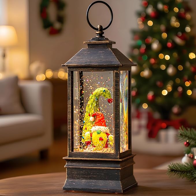 Christmas Snow Globe Lantern Water Glittering Xmas Gnome with Music, USB Lined/Battery Operated Lighted Lantern for Christmas Festival Decoration Gifts