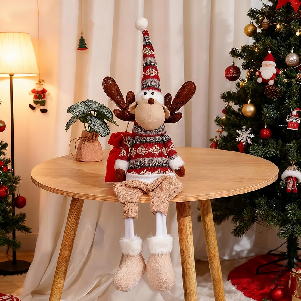 Dedrian11 23.6’’ Christmas Sitting Reindeer Shelf Sitter Decor, Long Dangling Legs, Poseable Wired Hat & Arms, Nordic Knit Sweater, Mantel Shelf Tabletop Ornament, Weighted Bottom
