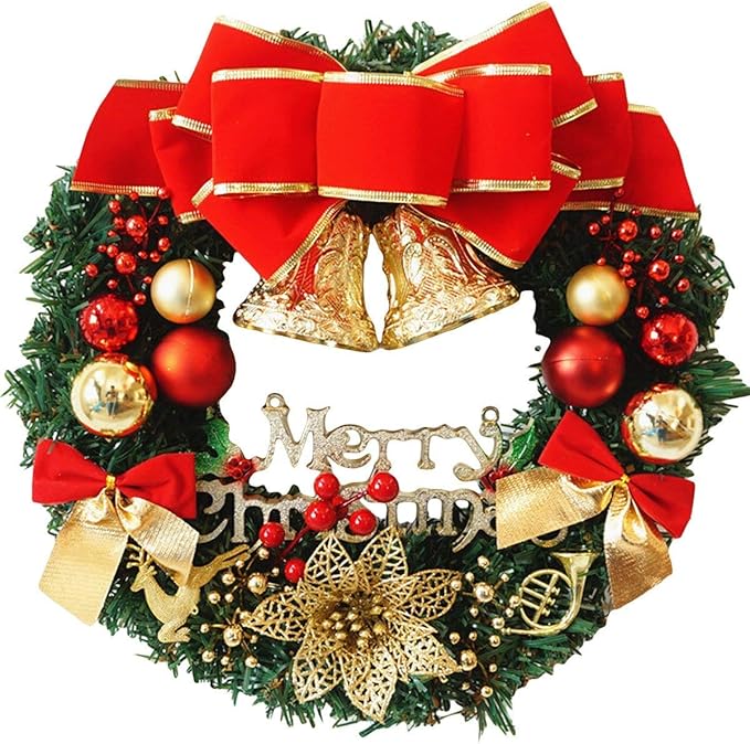 H&W Small Christmas Wreath (11.8 Inch / 30 cm) for Front Door Wall Windows Artificial Poinsettia Xmas Decoration with Tinkle Bell Bowknot and Small Ornaments (MC7-D1)