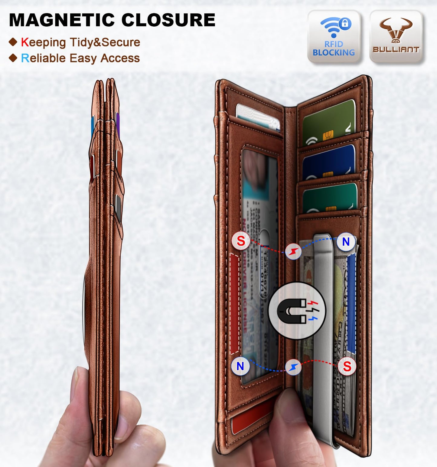 BULLIANT Men Airtag Wallet,Slim Wallet Money Clip Card Holder Magnetic Closure 12 Cards in Front Pocket RFID Blocking