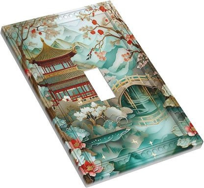 Asian Palace Traditional Bridge Cherry Blossoms Light Switch Covers 1 Gang Single Toggle Wall Plate Decorative Switchcover Electrical Switchplate for Country Living Decor