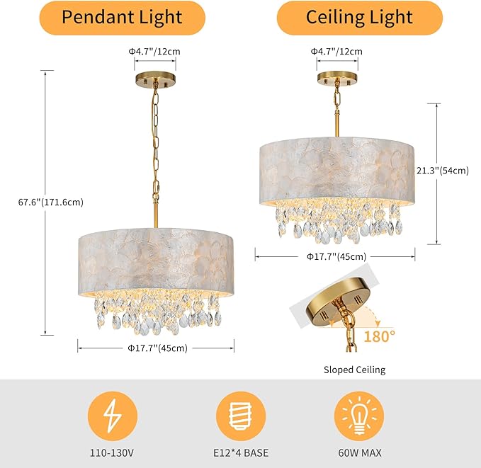4-Lights Drum Capiz Shell Crystal Chandeliers, Coastal Style Pendant Light Fixture for Dining Room, Living Room, D18 x 21~68"(Adjustable), Shell Lampshade & Gold Finish